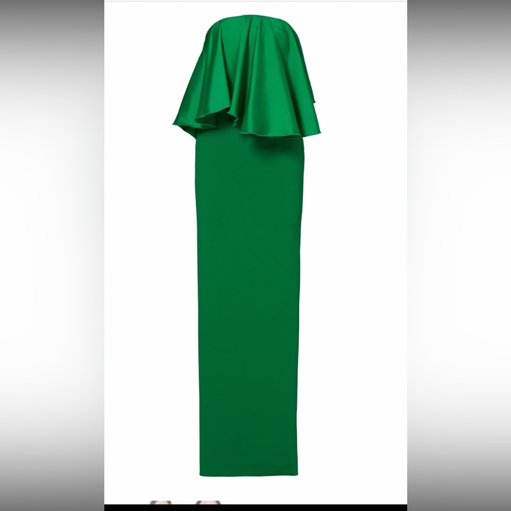 Solace London green strapless flutter ruffle  top back slit dress gown size 6 US